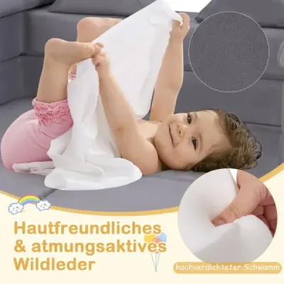 Modulares Kindersofa 9-teiliges Spielsofa aus Schaumstoff Bausteine mit bequemem Wildlederstoff Grau