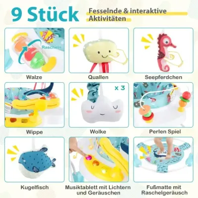 Dětské chodítko Baby Sky Jumperoo s nastavitelnou výškou a hračkami a hudebním boxem světle modré