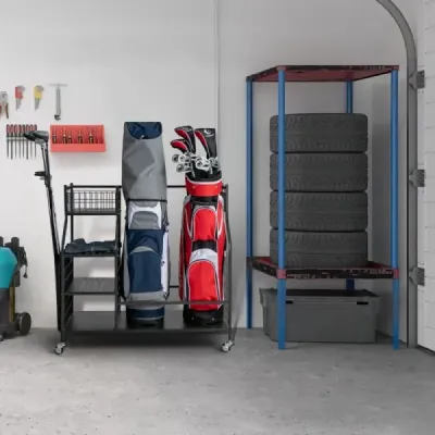Stojan na golfové bagy do garáže Vozík na golfové vybavení Stojan na golfové bagy s držákem holí