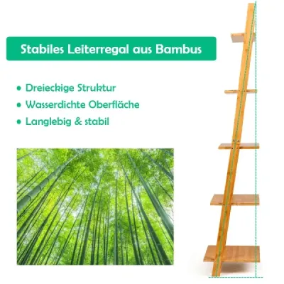 5úrovňový žebříkový regál z bambusu Úzký regál na knihy Stojící regál 43 x 35 x 165 cm Přírodní barva