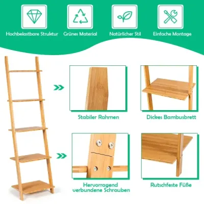 5úrovňový žebříkový regál z bambusu Úzký regál na knihy Stojící regál 43 x 35 x 165 cm Přírodní barva