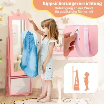 Kinder Schmuckschrank 2 in 1 Spiegelschrank neigbar mit Ganzkörperspiegel 31,5 x 30 x 115 cm Rosa