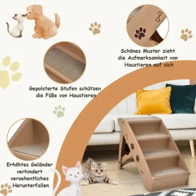 Schody pro domácí mazlíčky se 4 stupni Přenosný žebřík na lezení Bezpečná rampa pro psy 62,5 x 38 x 49 cm Hnědá barva