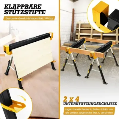 2 x pracovní kozlík, výškově nastavitelný, nosnost až 1180 kg Skládací pilový kůň žlutý+černý