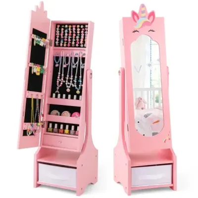 Dětská šperkovnice 2v1 se zrcadlem v plné délce a zásuvkou Zrcadlová skříňka Makeup Mirror růžová