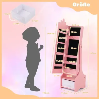 Dětská šperkovnice 2v1 se zrcadlem v plné délce a zásuvkou Zrcadlová skříňka Makeup Mirror růžová