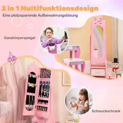 Dětská šperkovnice 2v1 se zrcadlem v plné délce a zásuvkou Zrcadlová skříňka Makeup Mirror růžová