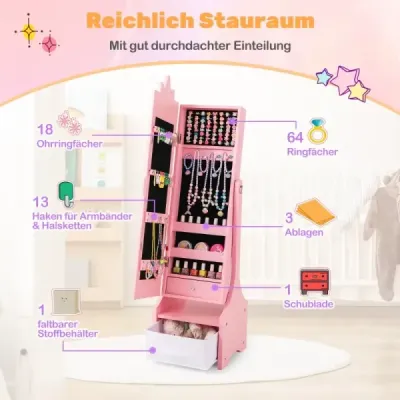 Dětská šperkovnice 2v1 se zrcadlem v plné délce a zásuvkou Zrcadlová skříňka Makeup Mirror růžová