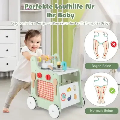 Dětské dřevěné chodítko 6 v 1 s hrací kuchyňkou & učícími se hodinami & nastavením tvaru & pohyblivým posuvníkem Zelené