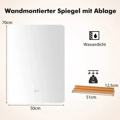 Koupelnové zrcadlo LED s osvětlením, dotykovým spínačem a paměťovou funkcí Nástěnné zrcadlo 70 x 50 cm