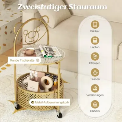 Odkládací stolek skleněný s kolečky Dvoupatrový skleněný stolek kulatý s medvědím vzorem bílý