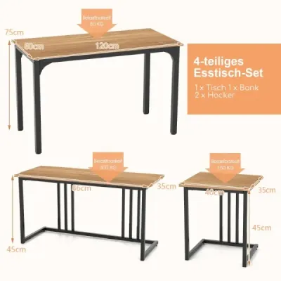 Jídelní stůl s lavicí a 2 stoličkami sada 4ks kuchyňský stůl industriální jídelní set do kuchyně 120 x 60 x 75 cm přírodní