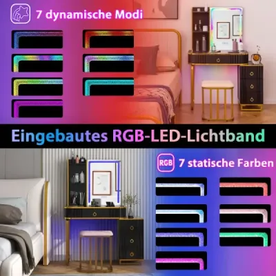 Toaletní stolek s LED osvětlením Toaletní stolek se 7 dynamickými a 7 statickými stmívatelnými LED světly Černá barva
