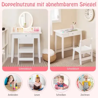 Dětský kosmetický stolek s osvětleným zrcadlem Kosmetický stolek se židlí Bílý