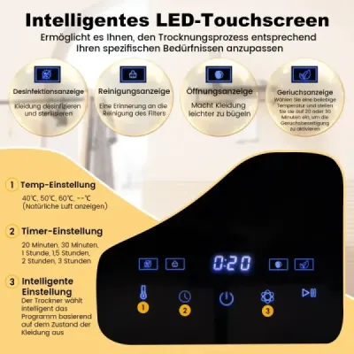 Mini sušička prádla 5 kg s dotykovým displejem LED a dezinfekcí a dezodorizací Sušička odpadního vzduchu