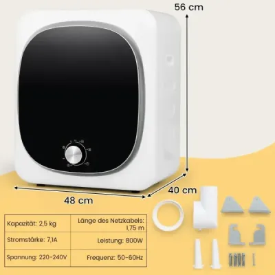 Mini sušička prádla 5KG s 5 programy do 69 ℃ Sušička vzduchu s odsáváním Sušička 800W