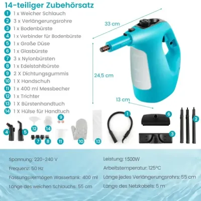 1500W parní čistič s nádrží o objemu 400 ML Teplota až 125 ℃ Ruční parní čistič modrý