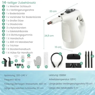 1500W parní čistič s nádrží o objemu 400 ML Teplota až 125 ℃ Ruční parní čistič šedý