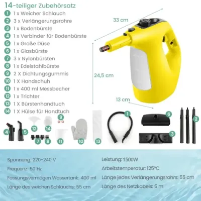 1500W parní čistič s nádrží 400 ML Teplota až 125 ℃ Ruční parní čistič žlutý