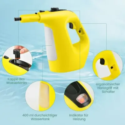 1500W parní čistič s nádrží 400 ML Teplota až 125 ℃ Ruční parní čistič žlutý
