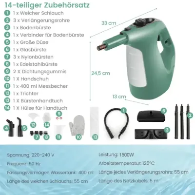 1500W parní čistič s nádrží o objemu 400 ML Teplota až 125 ℃ Ruční parní čistič Zelený