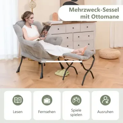 Křeslo s taburetem & područkami & boční kapsou & oboustrannou podnožkou Relax křeslo šedé