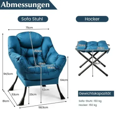 Křeslo s taburetem a područkami a boční kapsou a podnožkou Relaxační křeslo křídlo modré