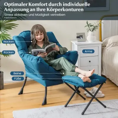 Křeslo s taburetem a područkami a boční kapsou a podnožkou Relaxační křeslo křídlo modré