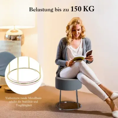 Kulatá sametová podnožka s kovovými nohami Čalouněný make-up taburet do nosnosti 150 kg Šedá barva