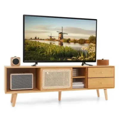 Bambusový TV stolek pro televizory do 65" TV konzole v moderním stylu poloviny století 140 x 31 x 45,5 cm, přírodní