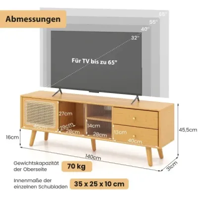 Bambusový TV stolek pro televizory do 65" TV konzole v moderním stylu poloviny století 140 x 31 x 45,5 cm, přírodní