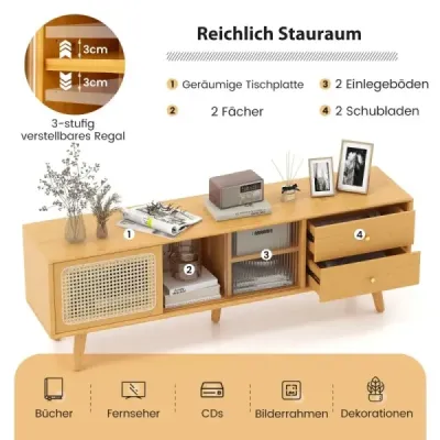 Bambusový TV stolek pro televizory do 65" TV konzole v moderním stylu poloviny století 140 x 31 x 45,5 cm, přírodní