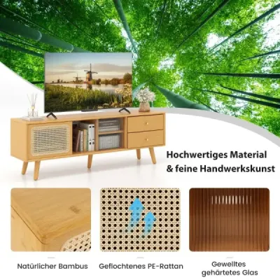 Bambusový TV stolek pro televizory do 65" TV konzole v moderním stylu poloviny století 140 x 31 x 45,5 cm, přírodní