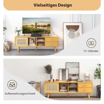 Bambusový TV stolek pro televizory do 65" TV konzole v moderním stylu poloviny století 140 x 31 x 45,5 cm, přírodní