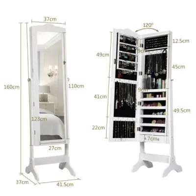 Skříňka na šperky organizér na šperky se zrcadlovými dveřmi po celé délce 41,5 x 37 x 160 cm bílá