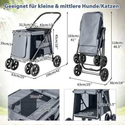 Kočárek pro psy Kočárek pro psy skládací do 40 kg Vozík pro psy s polštářem 106 x 63 x 103 cm Šedý
