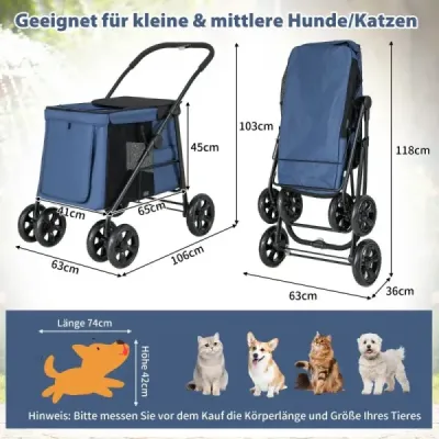 Kočárek pro psy Kočárek pro psy skládací do 40 kg Vozík pro psy s polštářem 106 x 63 x 103 cm Modrý