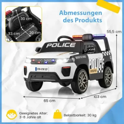 Dětské elektrické autíčko policie 12V Elektrické dětské autíčko na dálkové ovládání Elektrické autíčko pro děti od 3 let Bílá barva