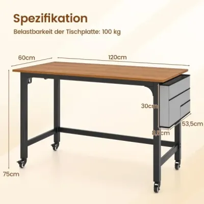 Stůl s kolečky Počítačový stůl s odnímatelnou látkovou taškou a háčkem na sluchátka 120 x 60 x 75 cm Příroda