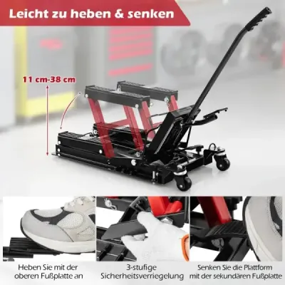 Zvedák na motorku do 680 kg 3stupňový výškově nastavitelný hydraulický zvedák na motorku červený