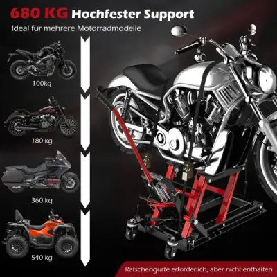 Zvedák na motorku do 680 kg 3stupňový výškově nastavitelný hydraulický zvedák na motorku červený