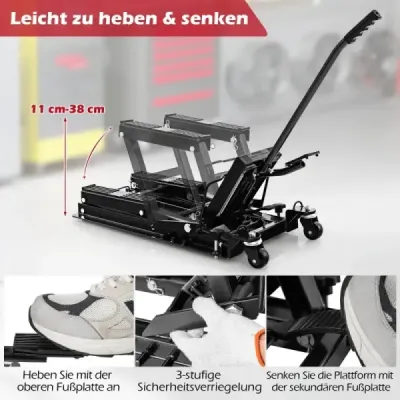 Zvedák na motorku do 680 kg 3stupňový výškově nastavitelný hydraulický zvedák na motorku černý