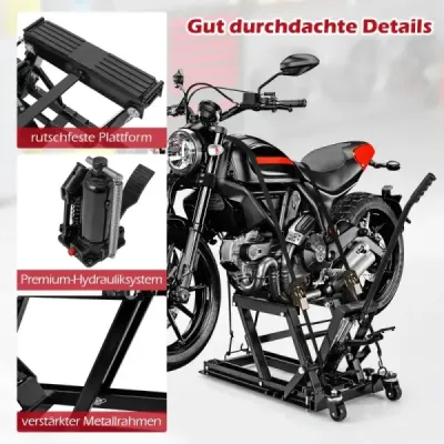 Zvedák na motorku do 680 kg 3stupňový výškově nastavitelný hydraulický zvedák na motorku černý