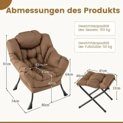 Křeslo s taburetem a područkami a boční kapsou a podnožkou Křeslo Recliner Wing Chair Brown