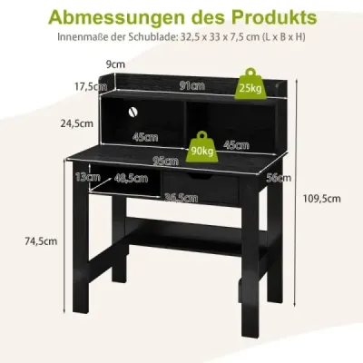 Psací stůl s elektrickými zásuvkami Malý počítačový stůl s horní deskou 95 x 56 x 109,5 cm Černý
