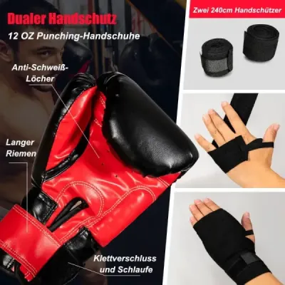Sada boxovacích pytlů 28,5 kg boxovací pytel s boxerskými rukavicemi 12 oz a popruhy na ruce černé