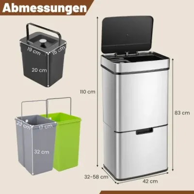 72l nerezový odpadkový koš s kuchyňským odpadkovým košem 42 x 32-58 x 84-110 cm stříbrný