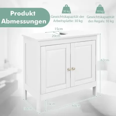 Dřezová spodní skříňka koupelnová skříňka se 2 dvířky a nastavitelnou policí rovné nohy bílá 60 x 30 x 60 cm