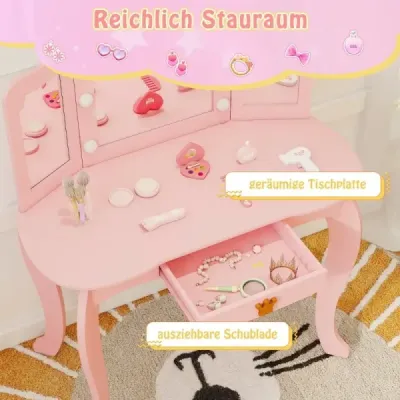 Dětský toaletní stolek s osvětlením, toaletní stolek pro dívky s trojitě sklopným zrcadlem, růžový