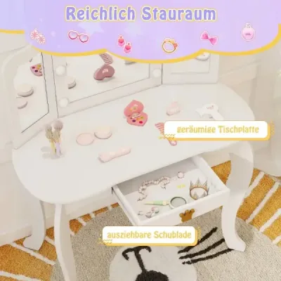 Dětský toaletní stolek s osvětlením dívčí toaletní stolek s trojitým zrcadlem bílá